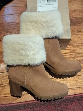 UGG Brown Suede Ankle Booties with Cream Shearling Cuffs